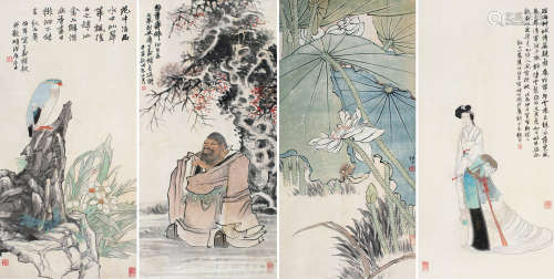 任伯年（1840～1895） 1868年作 人物花卉 四屏立轴 设色纸本
