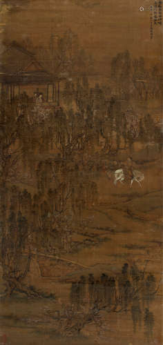 赵麟（1318～1380） 1342年作 玉楼勒马图 立轴 设色绢本