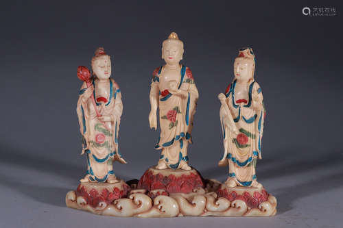 Chinese Polychrome Soapstone Figure Of Guanyin