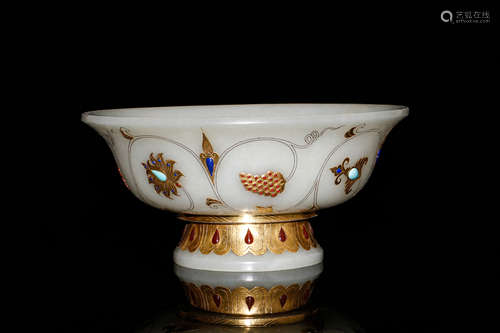 Chinese White Jade Bowl With Inlaid