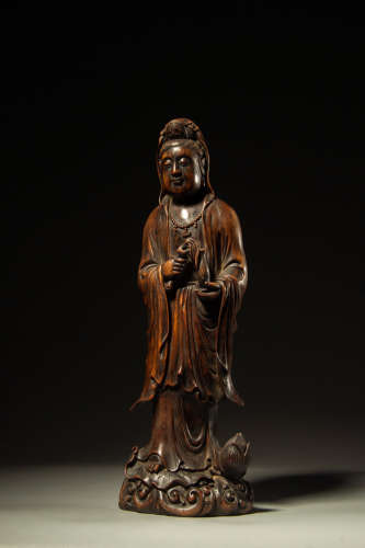 Chinese Hardwood Carved Standing Guanyin