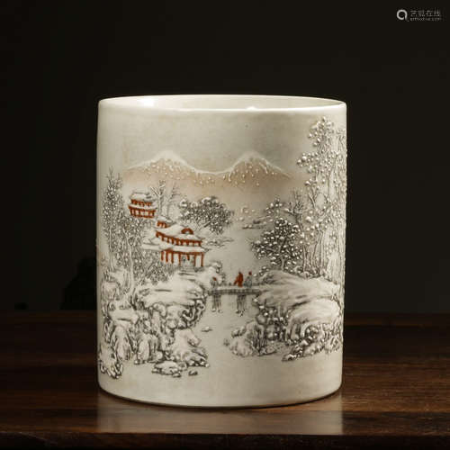 Chinese Painted Porcelain Brush Pot, Snow Scene