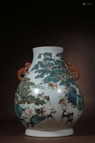 Chinese Famille Rose Hundred Deers Zun Vase