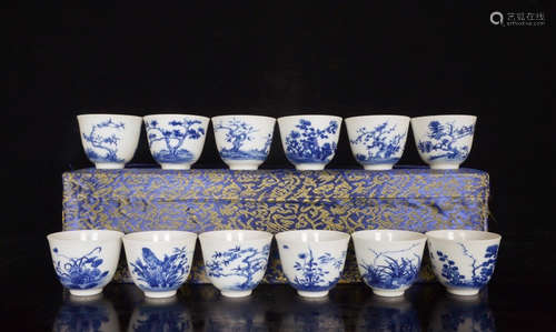 Chinese Blue White Porcelain Cups, Set Of 12