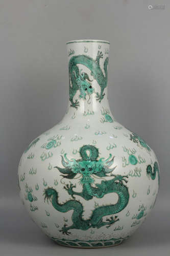 Chinese Famille Verte Dragon Bottle Vase, Marked