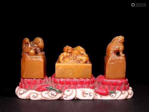 Chinese Set Of 3 Soapstone Seals