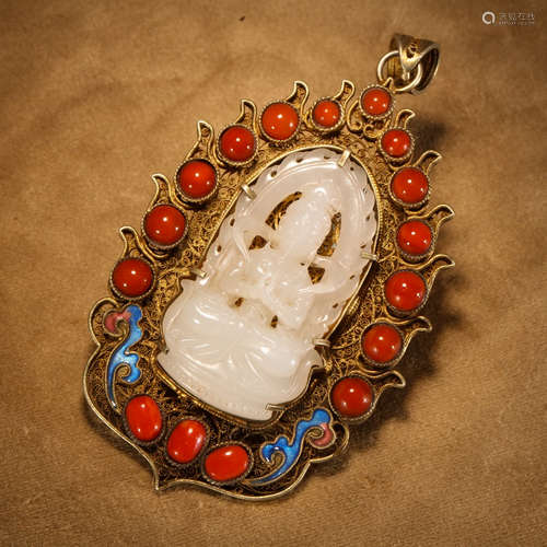 Chinese White Jade Guanyin On Gilt Silver Pendant