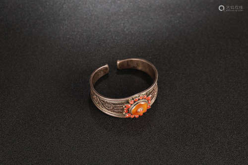 Chinese Coral On Silver Bangle