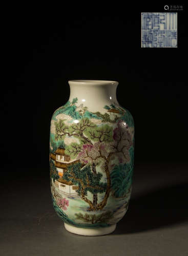 Chinese Famille Verte Porcelain Vase, Marked