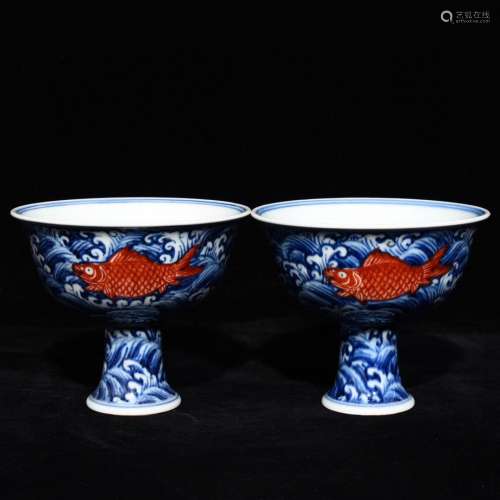 Pair Of Chinese Porcelain Blue&White Alum Red Cups