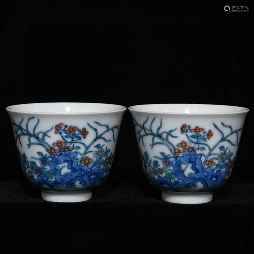 Pair Of Chinese Porcelain Blue&White Doucai Cups