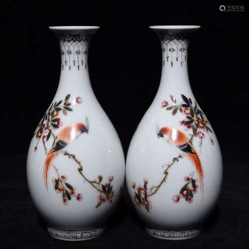 Pair Of Chinese Porcelain Famille Rose Yuhuchunping Vases