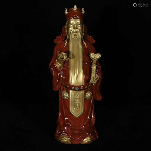 A Chinese Porcelain Red Glazed Gilding Figure Ornament