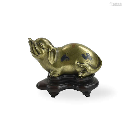 Chinese Gilt Bronze Pig Statue & Wood Base