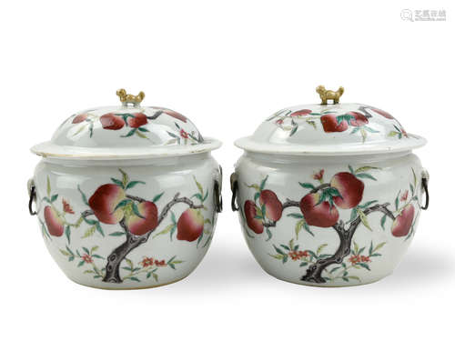 Pair of Famille Rose Peach Jar & Cover, 19th C.