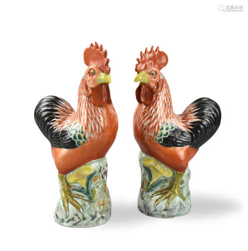 Pair of Famille Rose Cockerel Figures, 19th C.