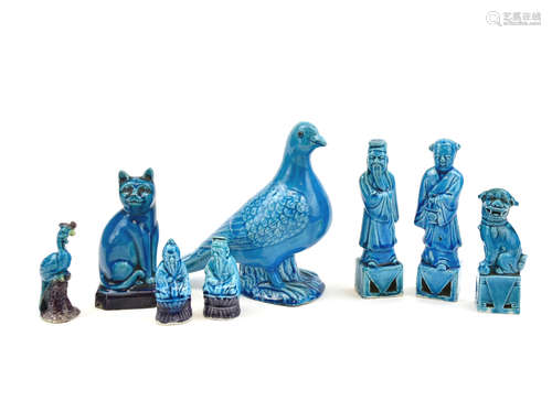 Group of 8 Peacock Glazed Figures,20th C.