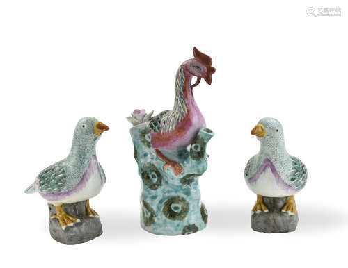 2 Chinese Famille Rose Birds and a Phoenix Ewer