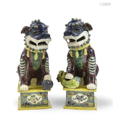 Pair of Chinese Sancai Glaze Foo-Dog, 19th C.