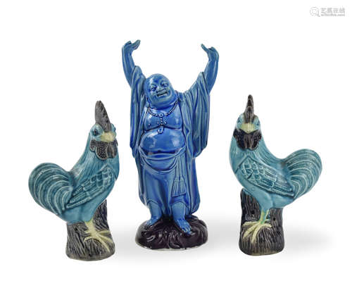 (2)Peacock Glazed Roosters & Buddha Figure