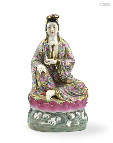 Chinese Milo Flower Porcelain Guanyin Statue