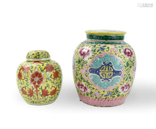 Two Chinese Yellow-Ground Famille-Rose Jars,19th C