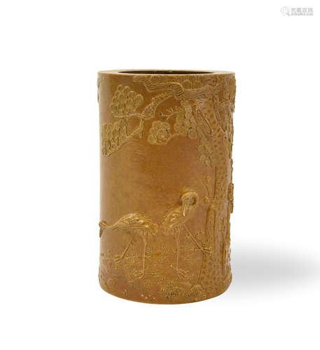 Chinese Carved Yellow Glaze Brushpot,Wang BingRong