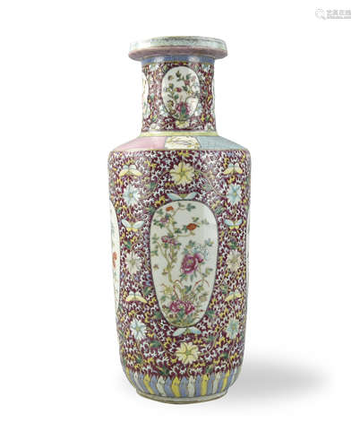 Large Chinese Famille Rose Rouleau Vase,19th C.