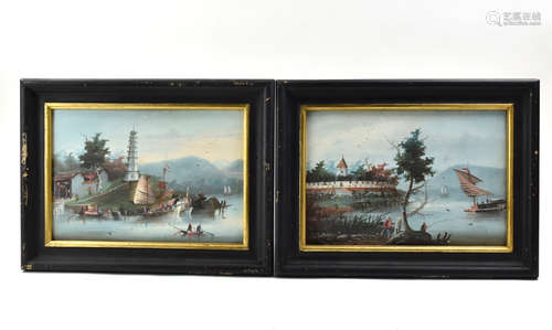 Pair of Chinese Export Oil Paintings of Seaport