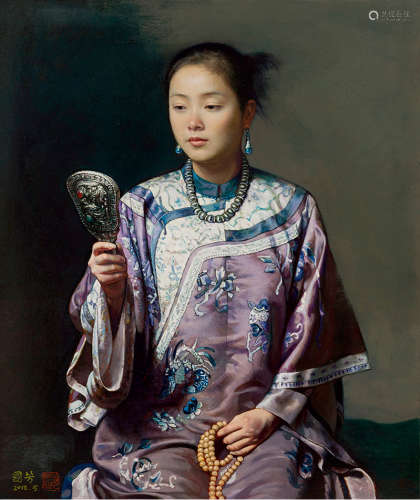 姜国芳 2018年作 持镜的侍女 布面油画