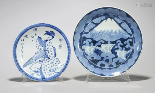 Two Old Japanese Blue and White Porcelain Chargers