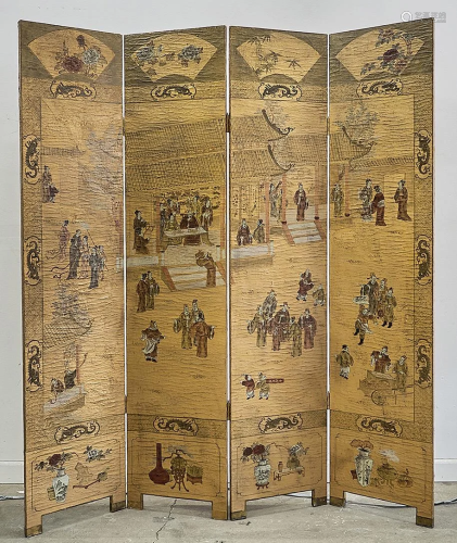 Chinese Four-Panel Painted Wood Screen