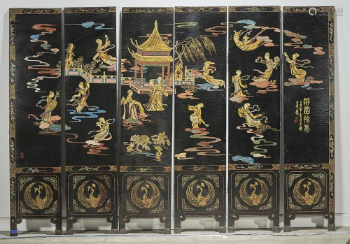 Chinese Six-Panel Painted Wood Screen