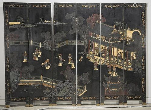 Chinese Six-Panel Painted Wood Screen