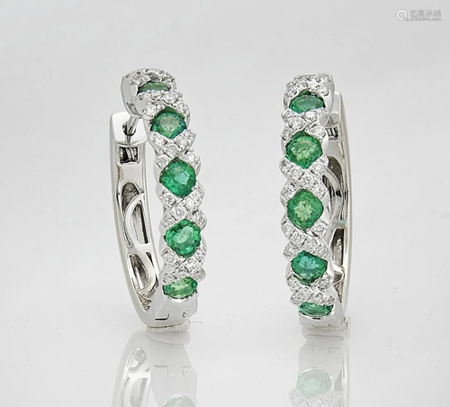 Pair 18K White Gold, Emerald and Diamond Earrings