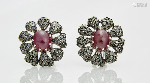 Pair 14K White Gold, Ruby and Black Diamond Earrings