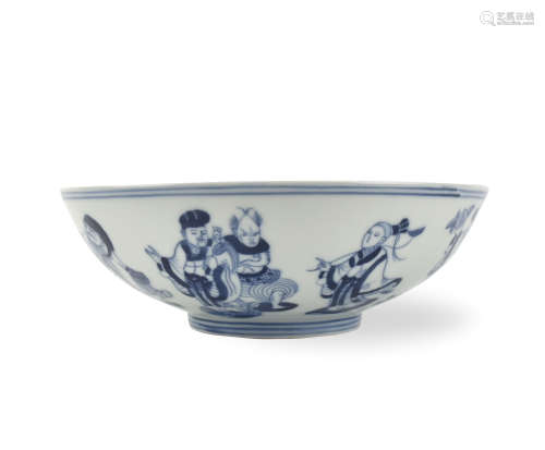 Chinese Blue & White Bowl w/ 8 Immortals
