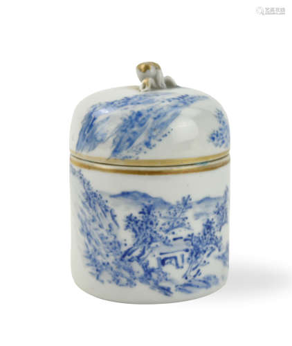 Chinese Blue & White Caddy Box,by Wang YouTang