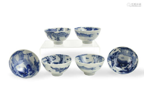 Six Chinese Blue & White Dragon Bowl, 20th C.