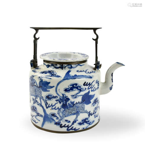 Chinese Blue And White Teapot w/ Kirin, 19th C.