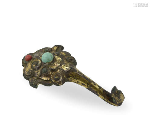 Chinese Bronze Belt Hook w/ Turquoise, Han Dynasty