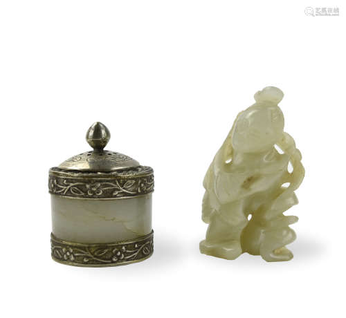 Chinese Silver Jade Box and Carved Figure,Qing D.
