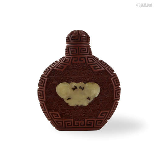 Chinese Red Lacquer Snuff Bottle inlaid w/ Jade
