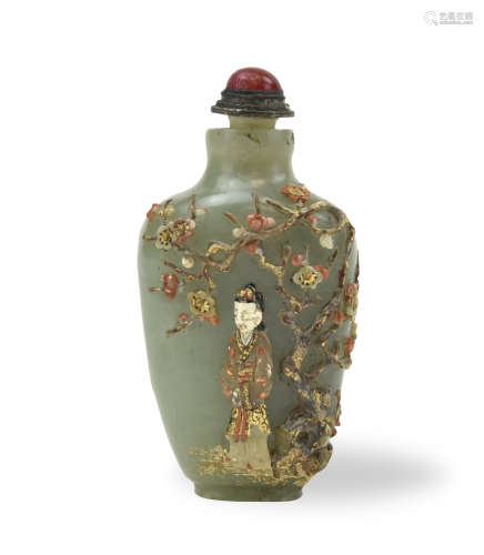 Chinese Carved Gilt Jadeite Snuff Bottle, Qing D.