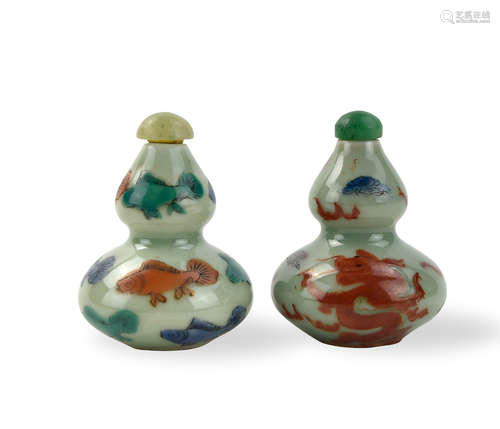 Two Chinese Celadon Fish & Dragon Snuff Bottle