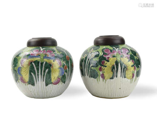 Pair of Chinese Canton Glaze Cabbage Jar,19th C.