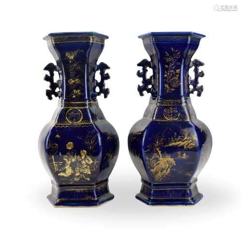 Pair of Large Chinese Gilt Blue Glazed Vase,19th C