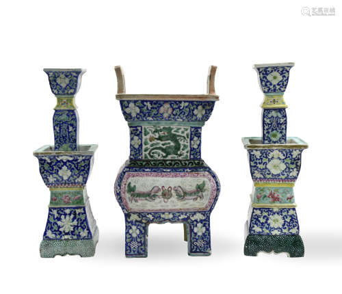 Set of Chinese Famille Rose Censor & Candle Sticks