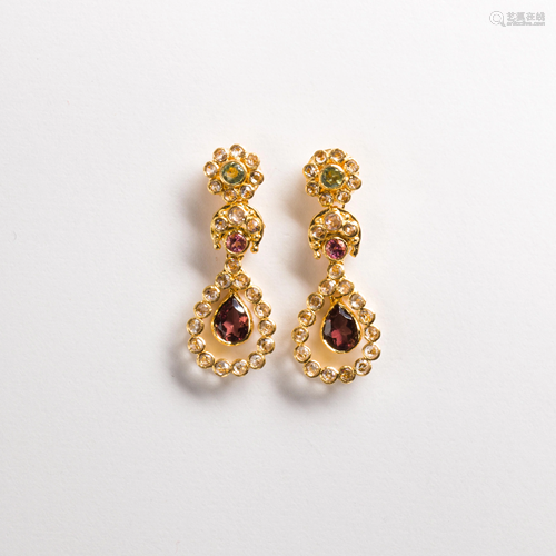 A pair of diamond and gemstone twenty-two karat gold