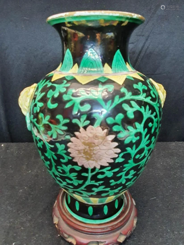 KANXI Black Ground Green Glazed Golden Elephant Ear Vas
